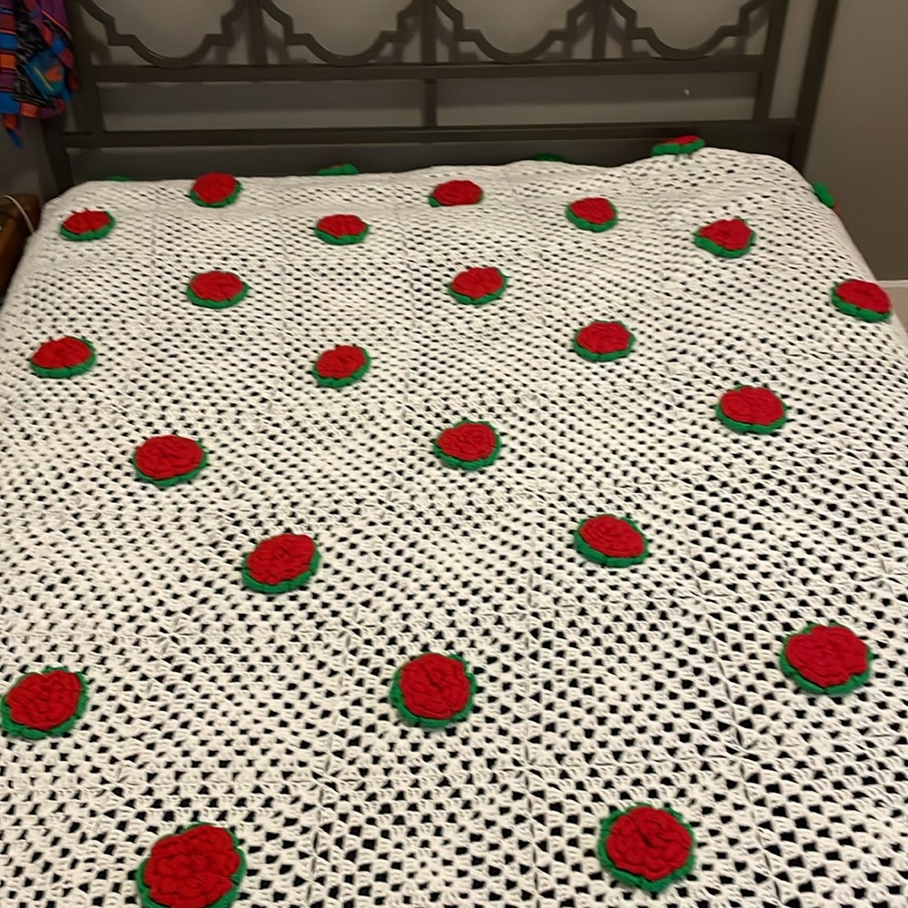 Bohemian King Size Granny Square Crochet Blanket with Red Rose Flower Accents - Picture 6 of 6